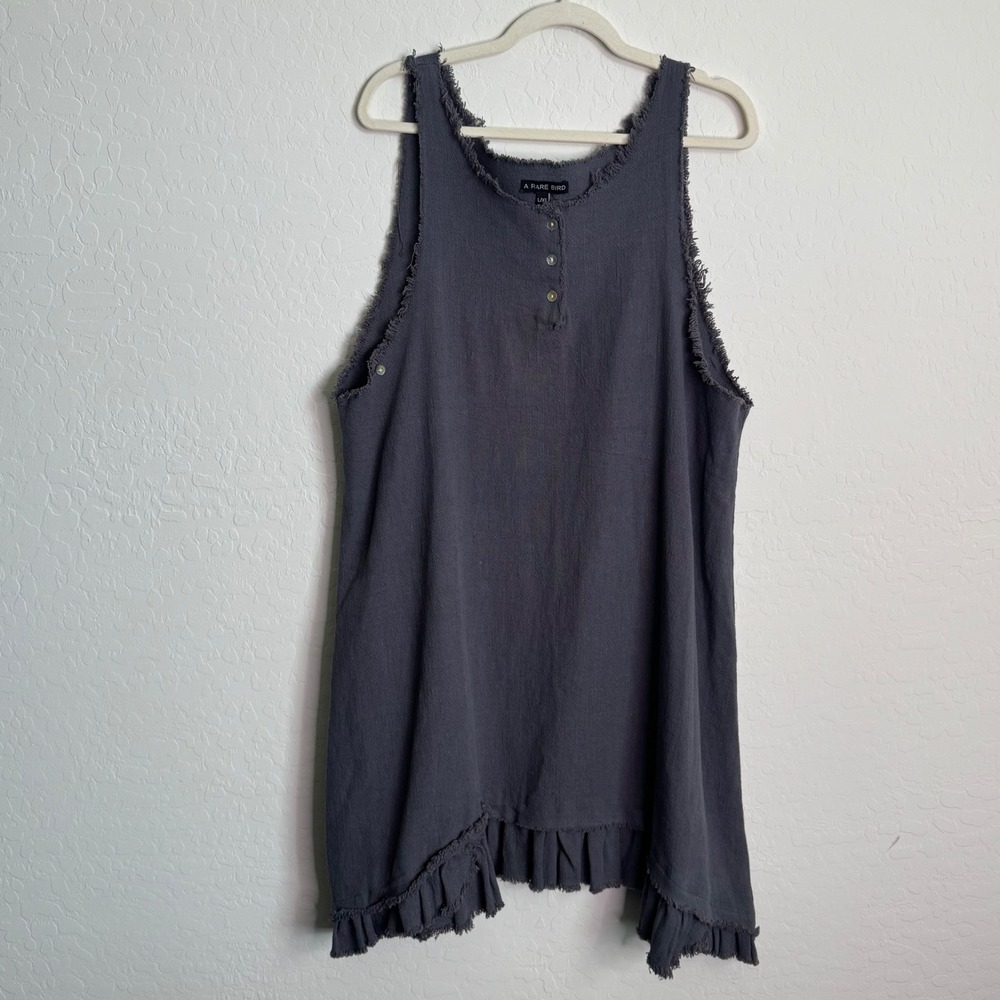 A Rare Bird Gray Linen Blend Frayed Henley Ruffle Tunic‎ Dress L/XL Lagenlook